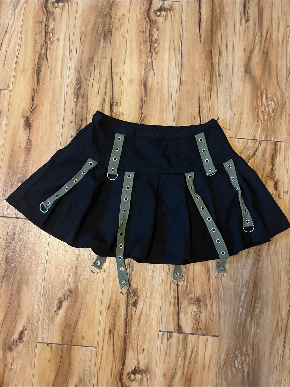 Social Collision Black Skater Circle Mini Skirt with Olive Strap Details